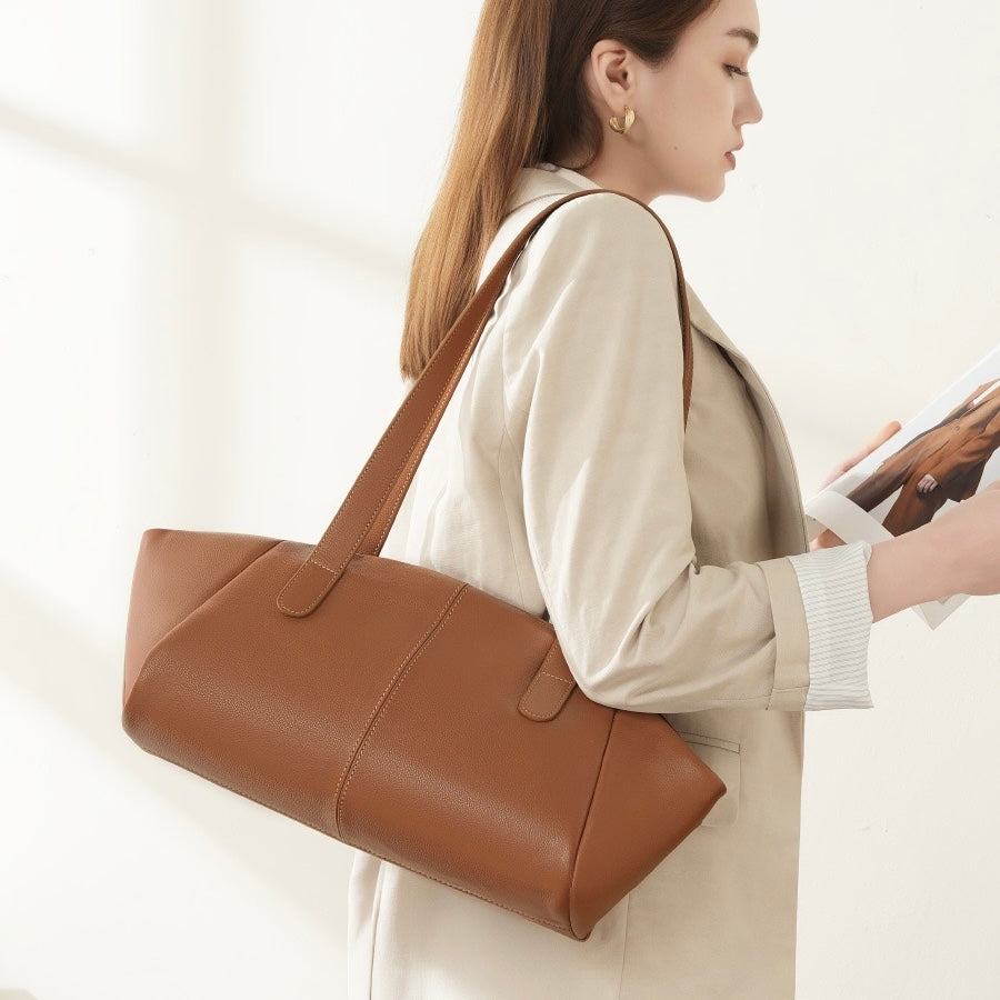 Womens Genuine Leather Winged Pleated Tote  Minimalist Large Capacity Commuter Bag