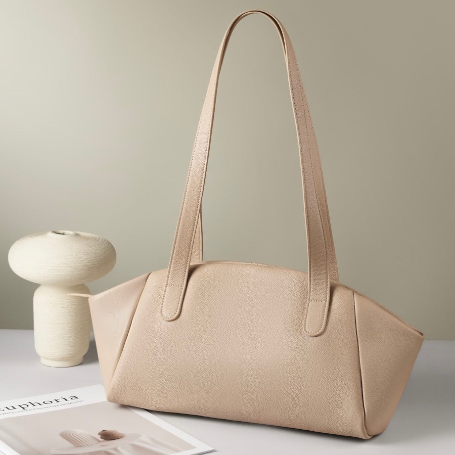 Womens Genuine Leather Winged Pleated Tote  Minimalist Large Capacity Commuter Bag