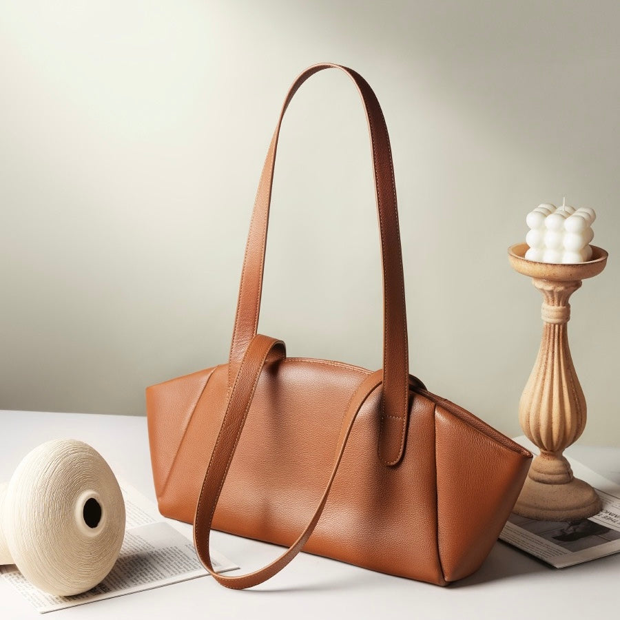 Womens Genuine Leather Winged Pleated Tote  Minimalist Large Capacity Commuter Bag