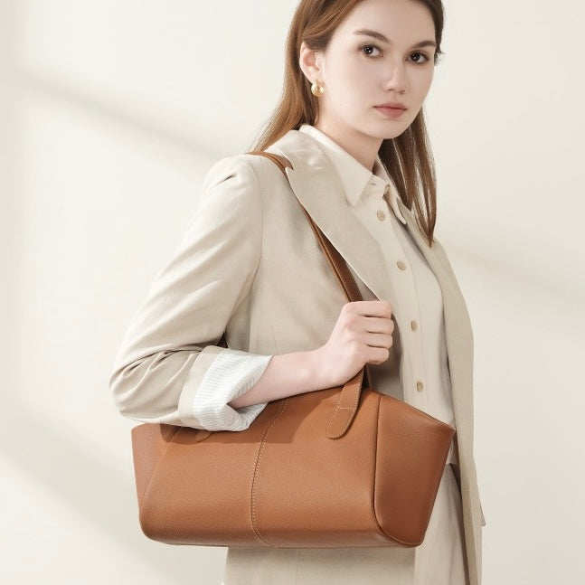 Womens Genuine Leather Winged Pleated Tote  Minimalist Large Capacity Commuter Bag