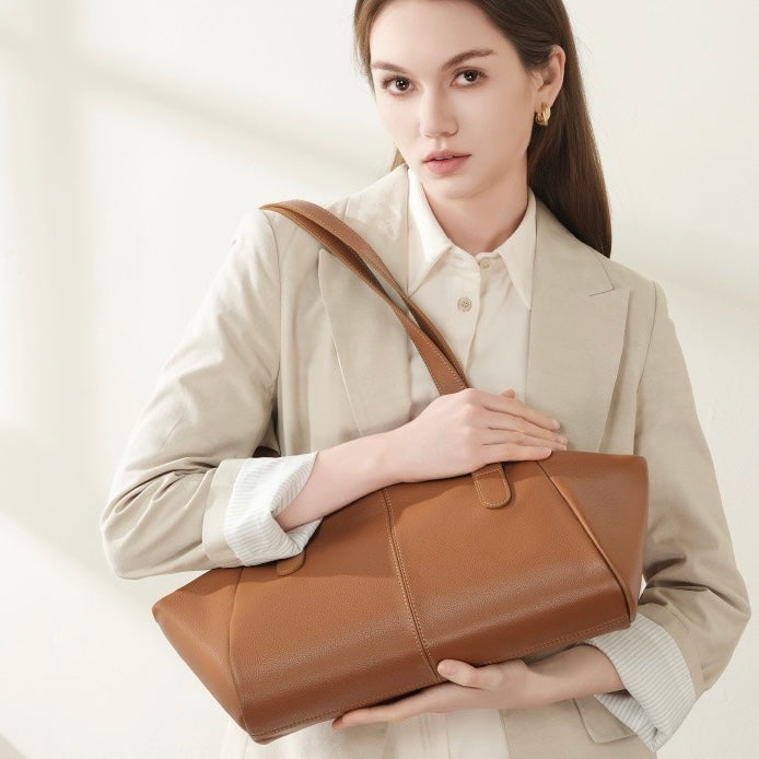 Womens Genuine Leather Winged Pleated Tote  Minimalist Large Capacity Commuter Bag