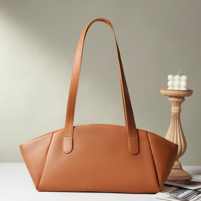 Womens Genuine Leather Winged Pleated Tote  Minimalist Large Capacity Commuter Bag