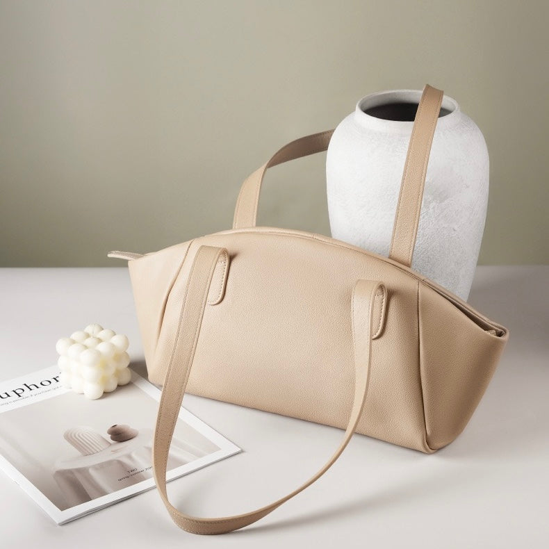 Womens Genuine Leather Winged Pleated Tote  Minimalist Large Capacity Commuter Bag