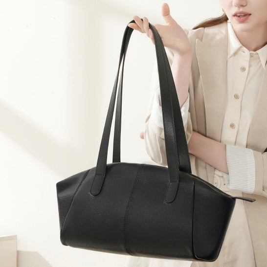 Womens Genuine Leather Winged Pleated Tote  Minimalist Large Capacity Commuter Bag