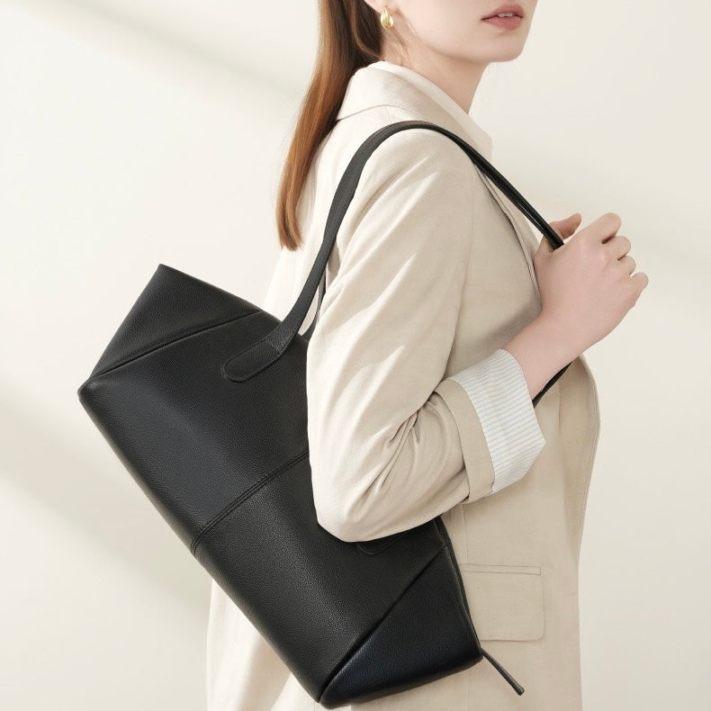 Womens Genuine Leather Winged Pleated Tote  Minimalist Large Capacity Commuter Bag
