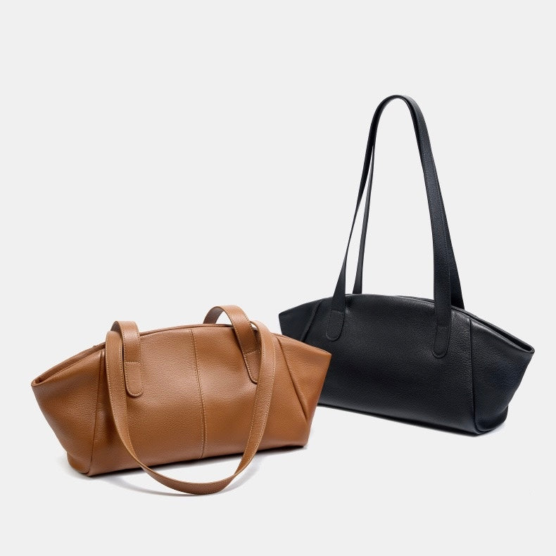 Womens Genuine Leather Winged Pleated Tote  Minimalist Large Capacity Commuter Bag