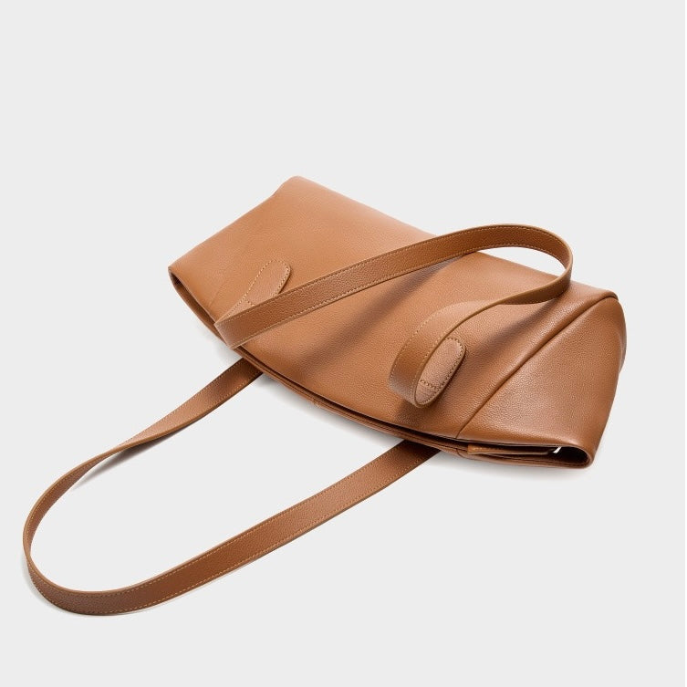 Womens Genuine Leather Winged Pleated Tote  Minimalist Large Capacity Commuter Bag