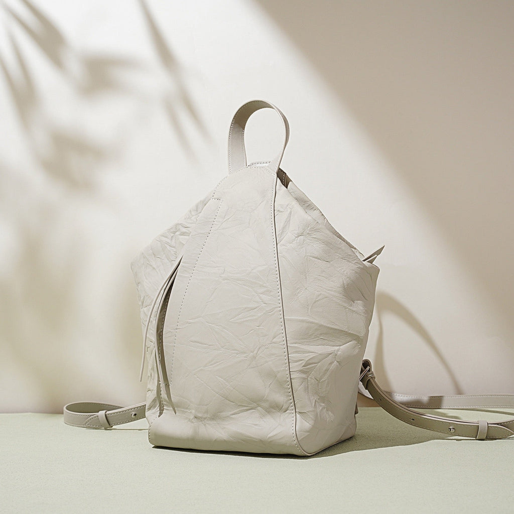 Womens Genuine Leather Niche Pleated Convertible Backpack