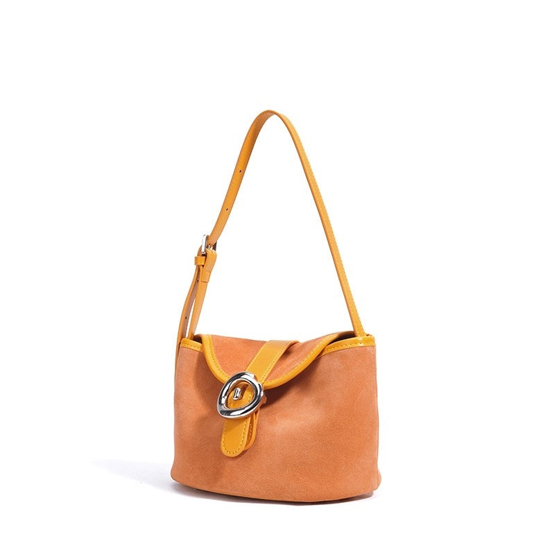 Womens Matte Genuine Leather Colorblock Handheld Crossbody Bag