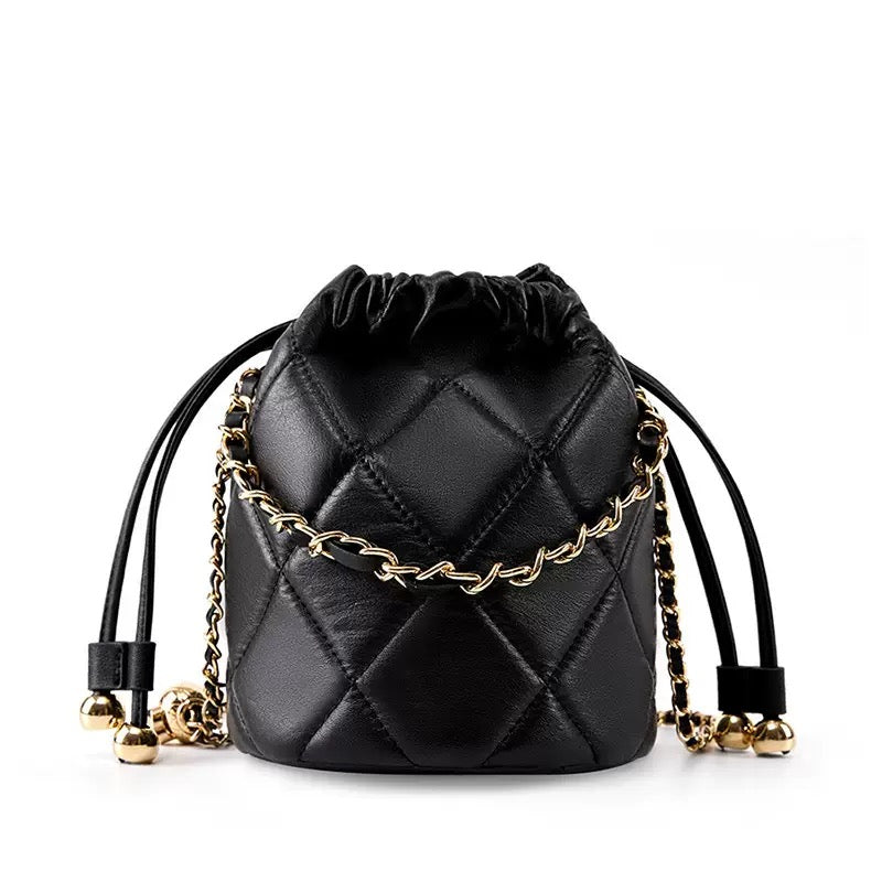 Womens Genuine Leather Chic Bucket Bag with Chain Strap