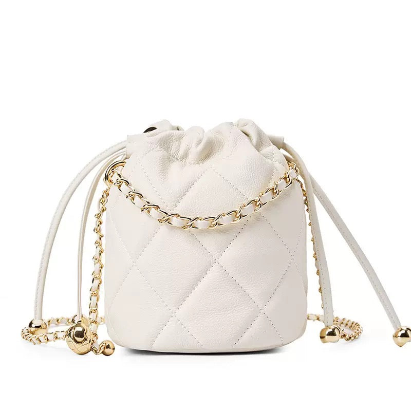 Womens Genuine Leather Chic Bucket Bag with Chain Strap