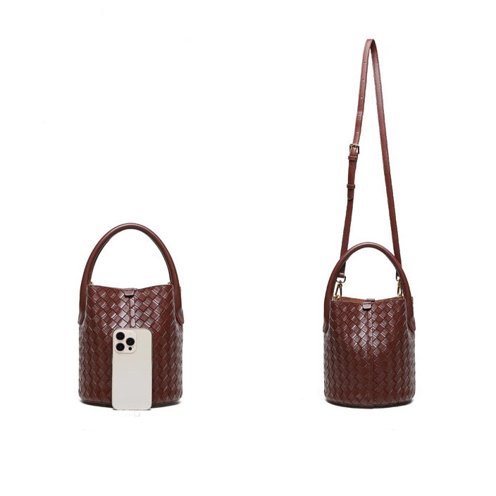 Womens Luxury Genuine Leather Woven Bucket Crossbody Handbag