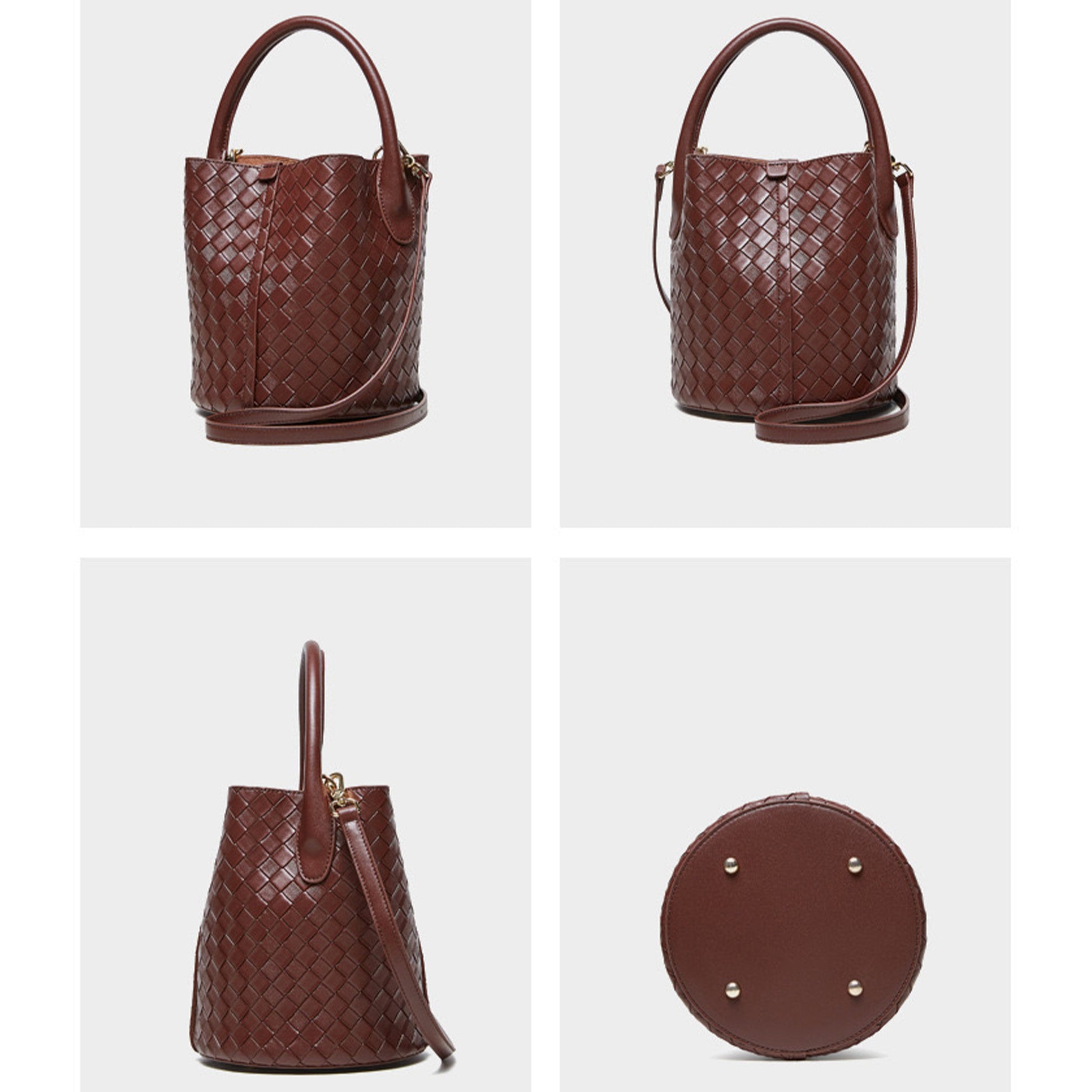 Womens Luxury Genuine Leather Woven Bucket Crossbody Handbag