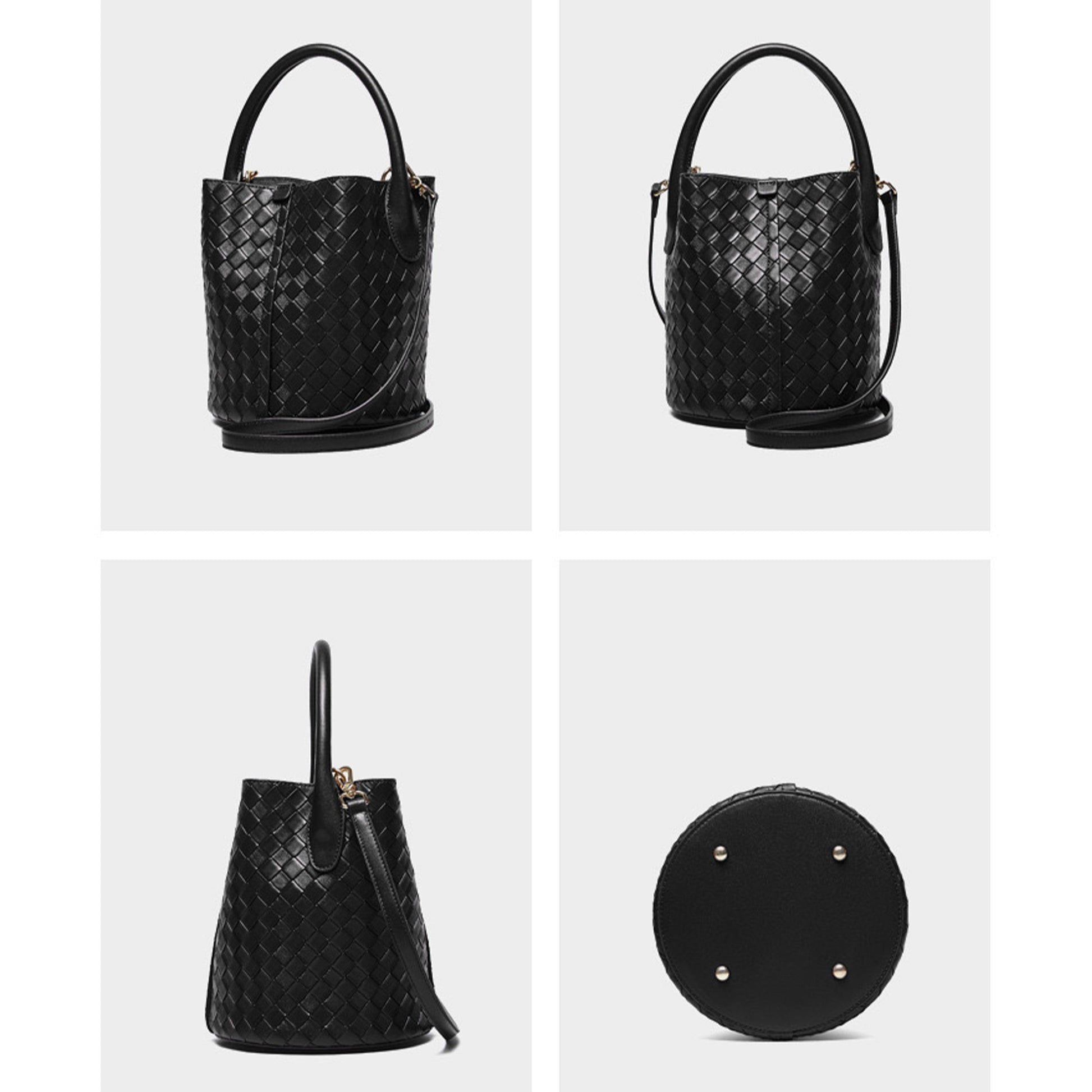 Womens Luxury Genuine Leather Woven Bucket Crossbody Handbag