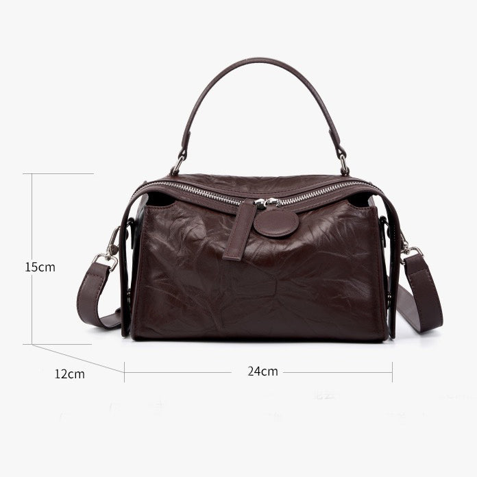Womens Genuine Leather Crinkled Boston Bag  Soft Shine Handheld & Crossbody
