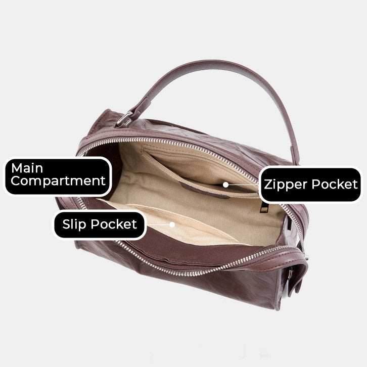 Womens Genuine Leather Crinkled Boston Bag  Soft Shine Handheld & Crossbody