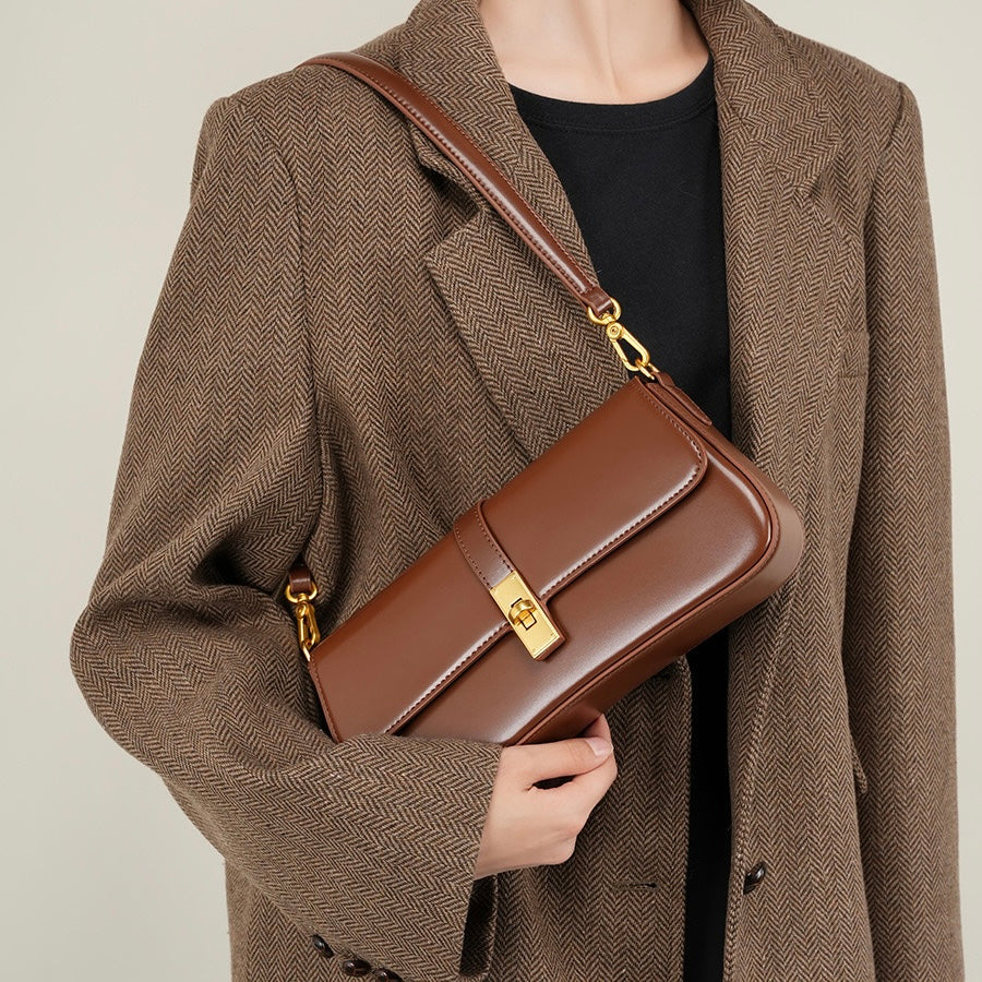 Womens Genuine Leather Vintage Crossbody Shoulder Baguette Bag