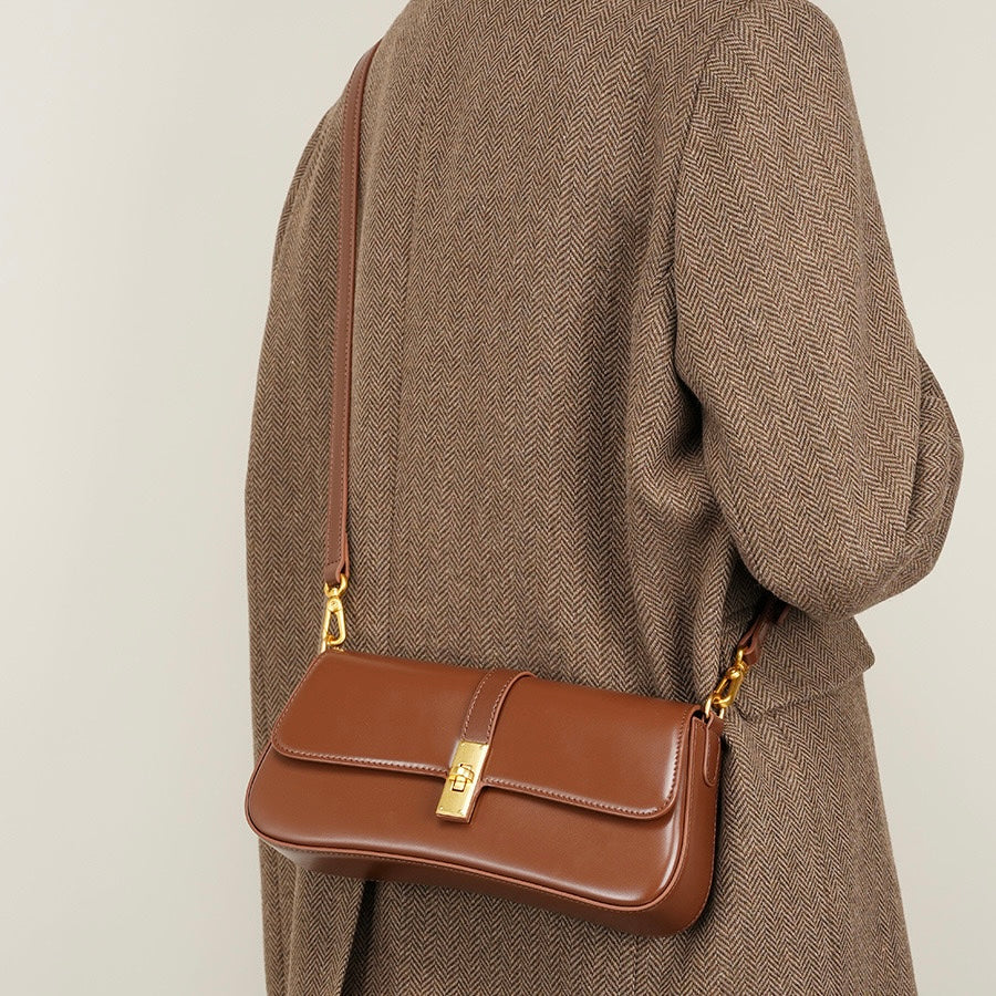 Womens Genuine Leather Vintage Crossbody Shoulder Baguette Bag