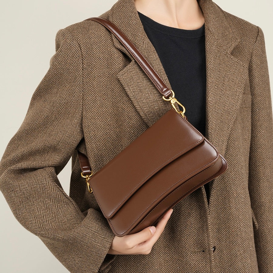 Womens Genuine Leather Multifunctional Baguette Shoulder Bag with French Chic