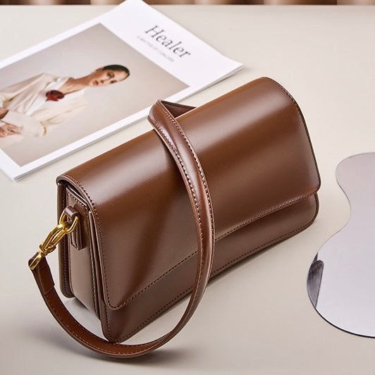 Womens Genuine Leather Multifunctional Baguette Shoulder Bag with French Chic