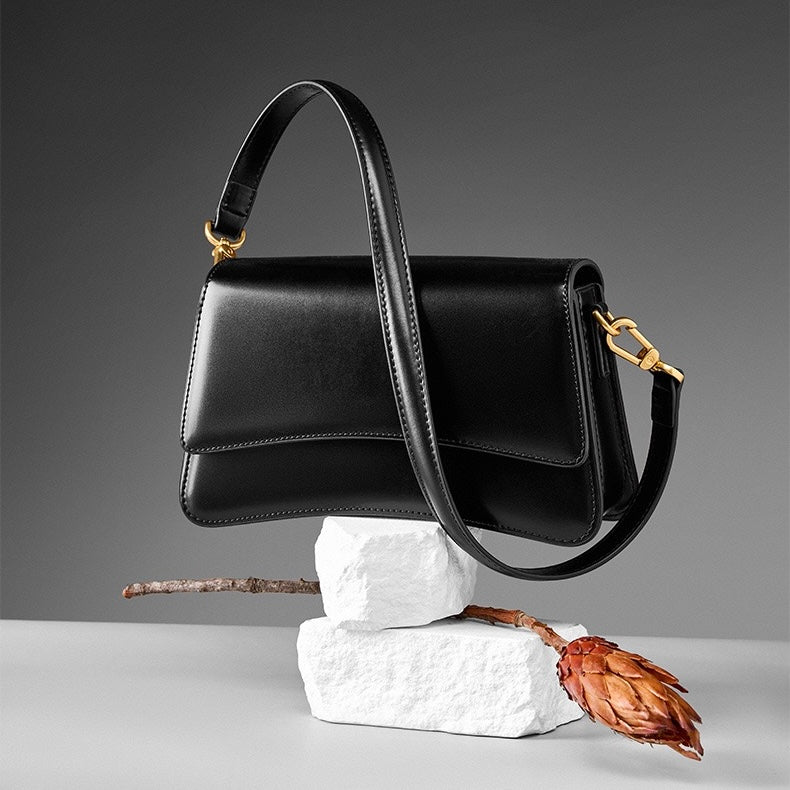 Womens Genuine Leather Multifunctional Baguette Shoulder Bag with French Chic