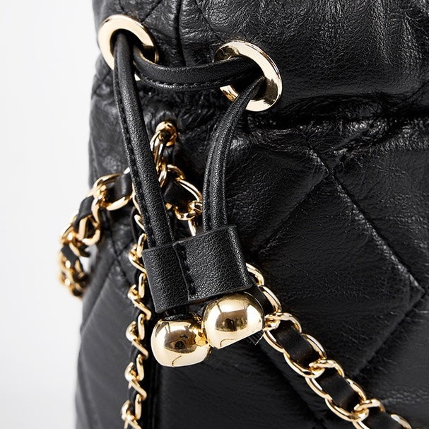 Womens Genuine Leather Chic Bucket Bag with Chain Strap