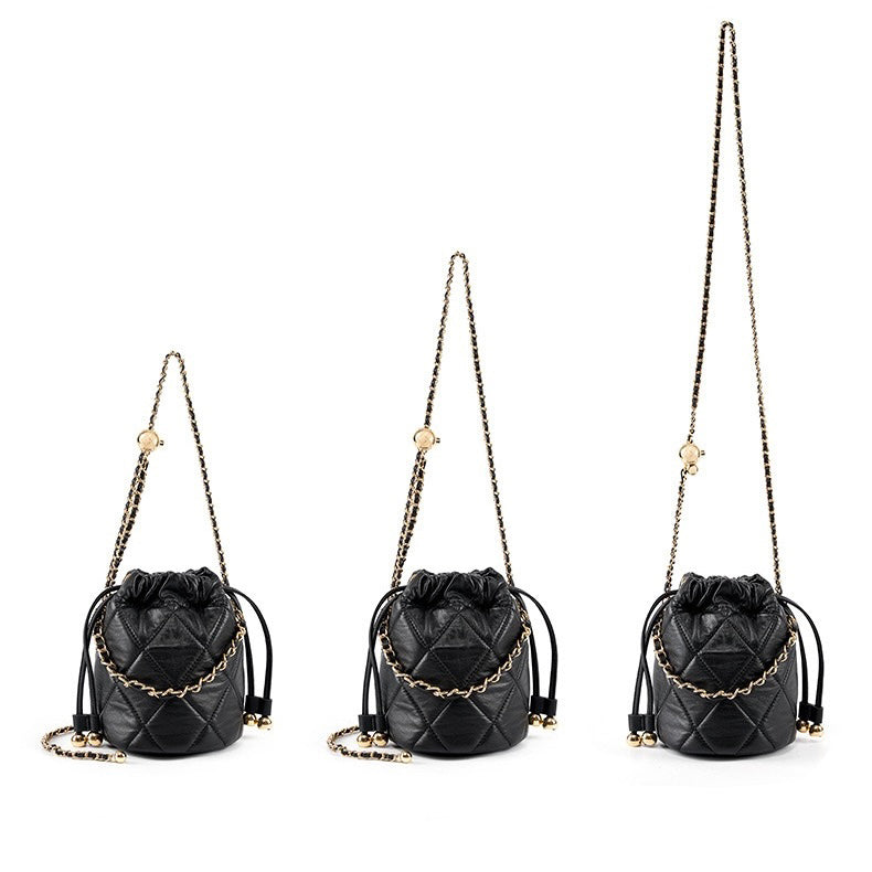 Womens Genuine Leather Chic Bucket Bag with Chain Strap