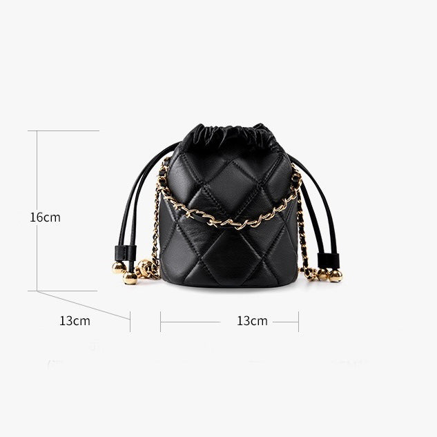 Womens Genuine Leather Chic Bucket Bag with Chain Strap