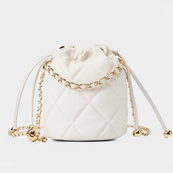 Womens Genuine Leather Chic Bucket Bag with Chain Strap