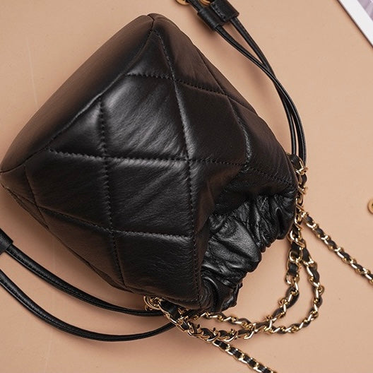 Womens Genuine Leather Chic Bucket Bag with Chain Strap