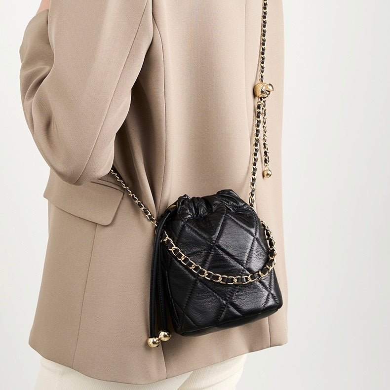 Womens Genuine Leather Chic Bucket Bag with Chain Strap