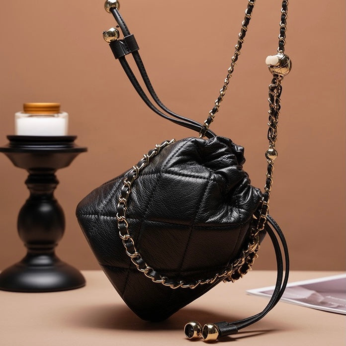Womens Genuine Leather Chic Bucket Bag with Chain Strap