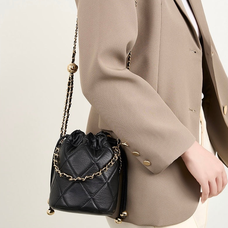 Womens Genuine Leather Chic Bucket Bag with Chain Strap