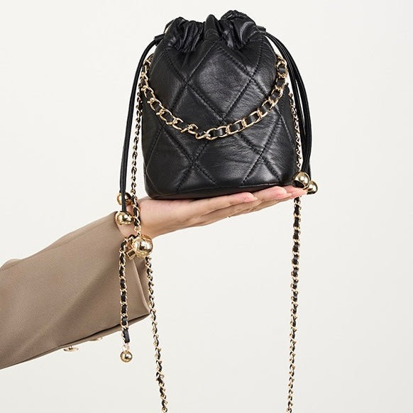 Womens Genuine Leather Chic Bucket Bag with Chain Strap