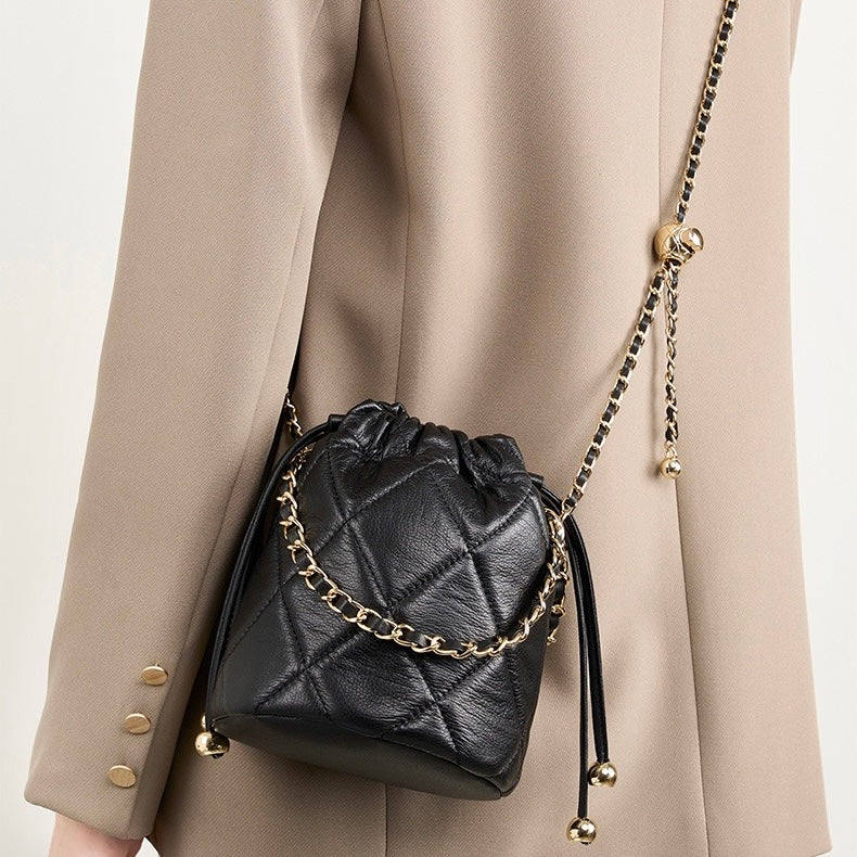 Womens Genuine Leather Chic Bucket Bag with Chain Strap