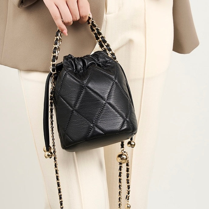 Womens Genuine Leather Chic Bucket Bag with Chain Strap
