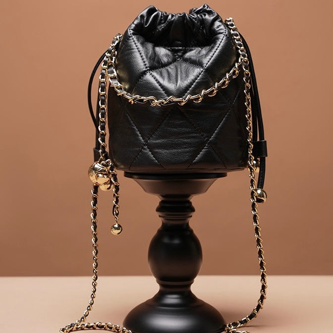 Womens Genuine Leather Chic Bucket Bag with Chain Strap