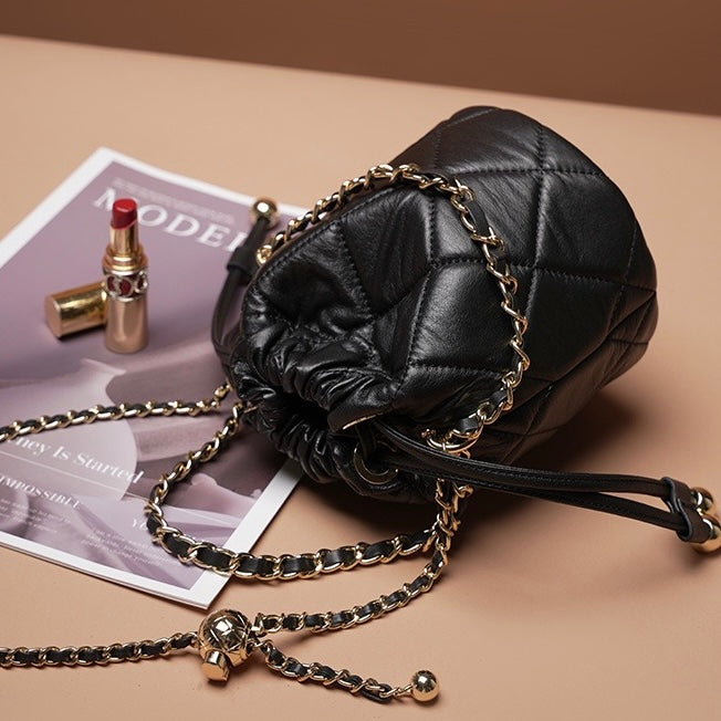 Womens Genuine Leather Chic Bucket Bag with Chain Strap