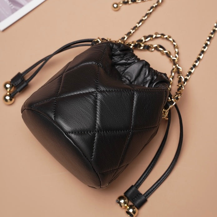 Womens Genuine Leather Chic Bucket Bag with Chain Strap