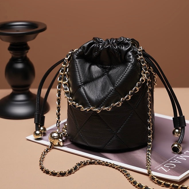 Womens Genuine Leather Chic Bucket Bag with Chain Strap