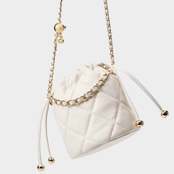 Womens Genuine Leather Chic Bucket Bag with Chain Strap