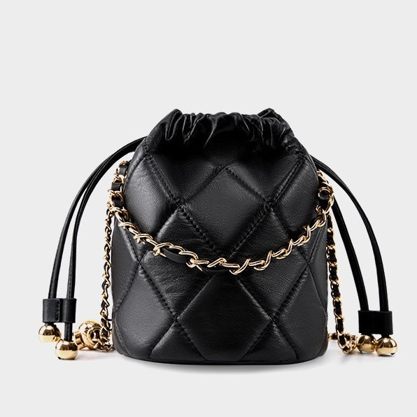 Womens Genuine Leather Chic Bucket Bag with Chain Strap