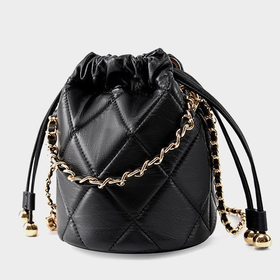Womens Genuine Leather Chic Bucket Bag with Chain Strap