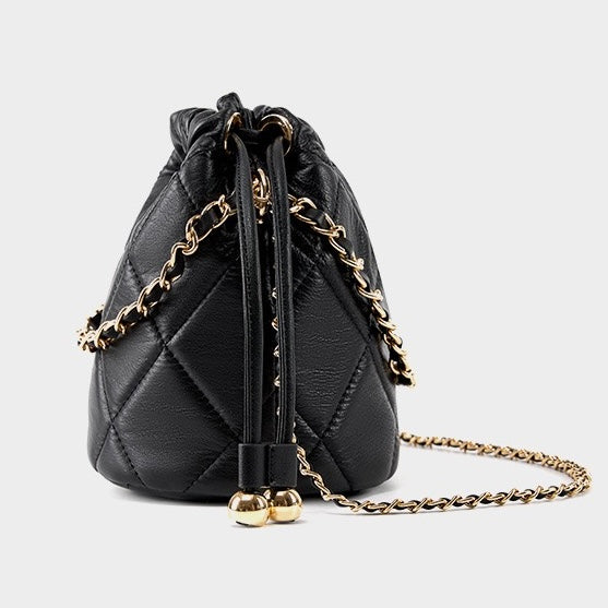 Womens Genuine Leather Chic Bucket Bag with Chain Strap