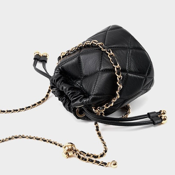 Womens Genuine Leather Chic Bucket Bag with Chain Strap