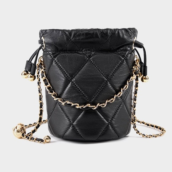 Womens Genuine Leather Chic Bucket Bag with Chain Strap
