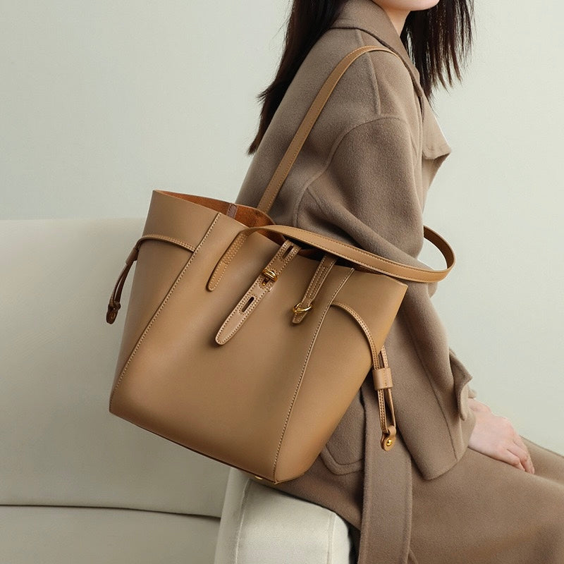 Womens Genuine Leather Vintage Lock Buckle Tote Bag
