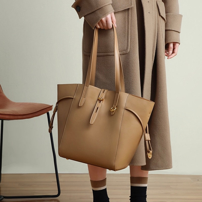 Womens Genuine Leather Vintage Lock Buckle Tote Bag