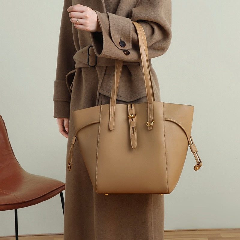 Womens Genuine Leather Vintage Lock Buckle Tote Bag