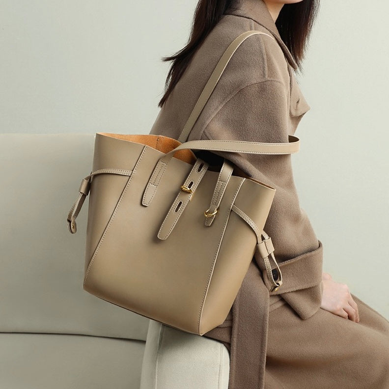 Womens Genuine Leather Vintage Lock Buckle Tote Bag